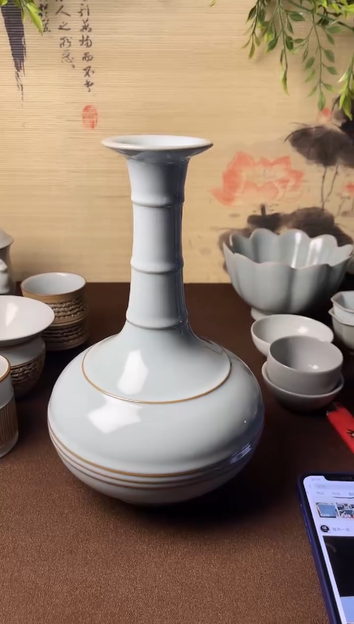 瑕疵天青釉纯手工27公分左右节节高升瓶