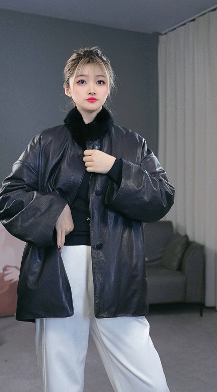 头层全植鞣真皮宽松型INS风厚款短外套女士百搭秋冬保暖皮鹅绒
