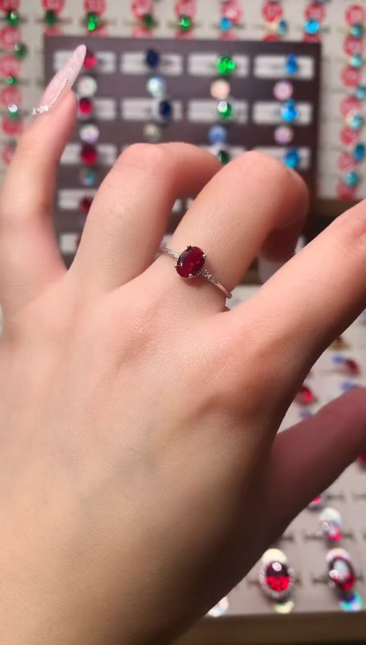 银S925镶嵌戒指碧玺5*7 酒红 银托