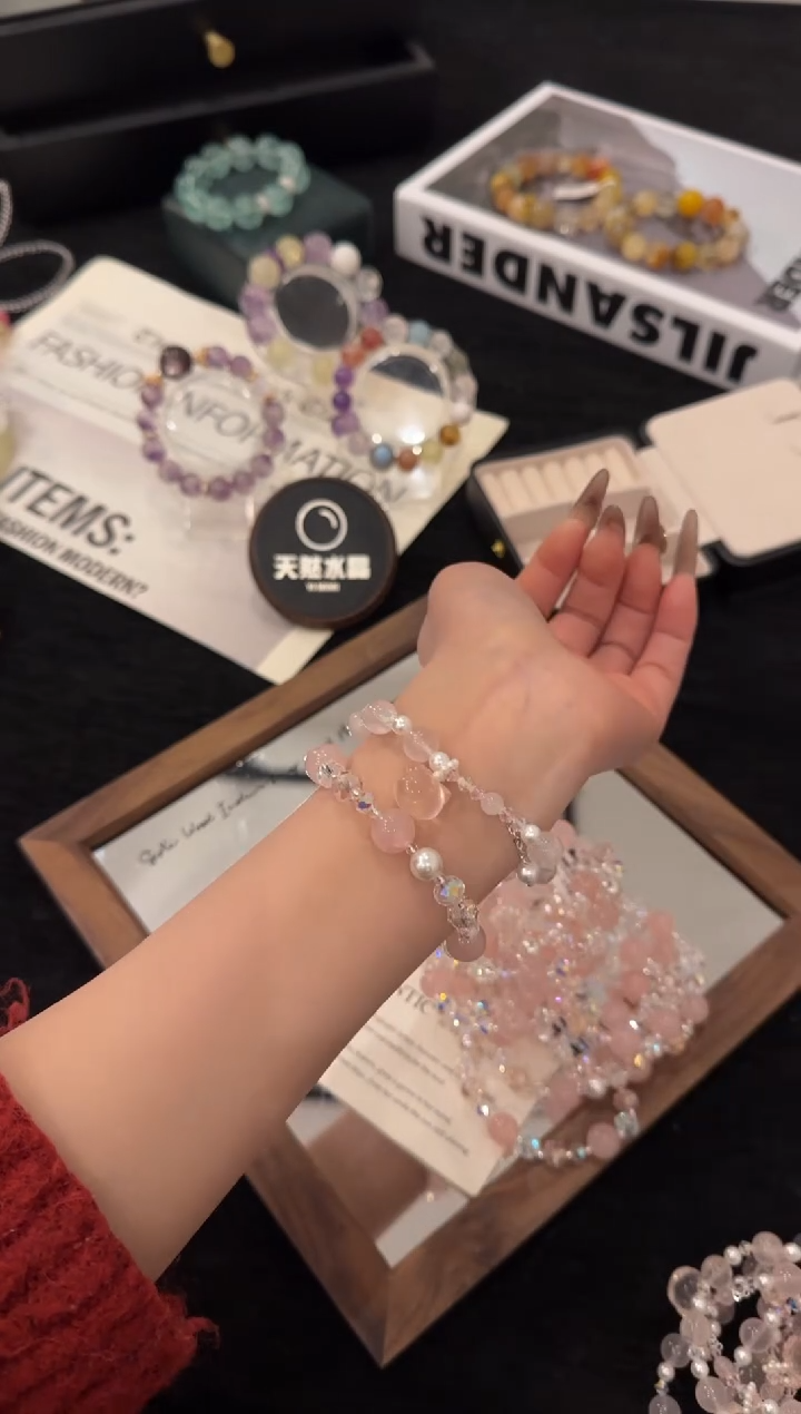 银S925镶嵌手链水晶kitty粉水晶x2106