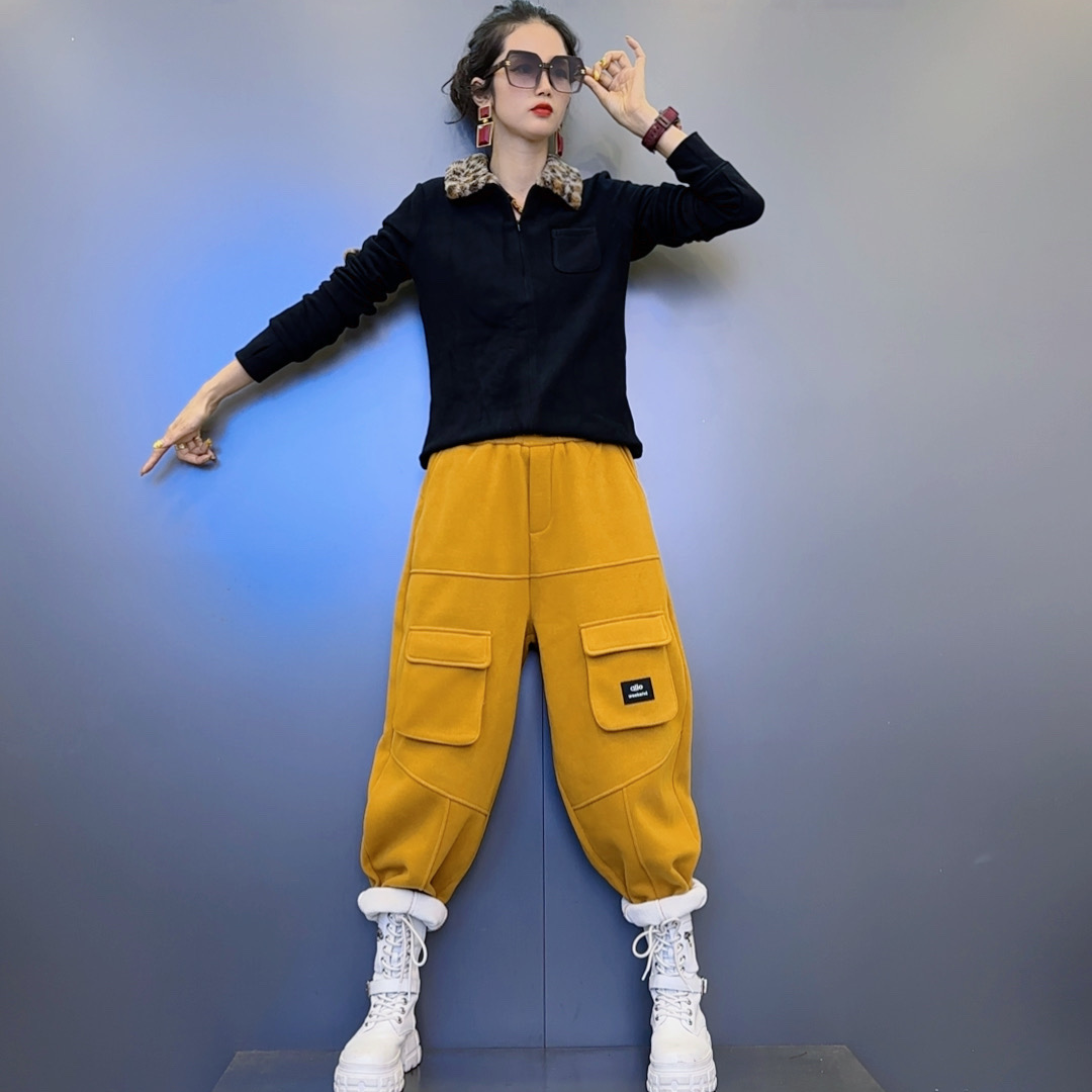 WY-7新款豹纹拼接三色双面德绒上衣-加绒线条对称口袋装饰裤子