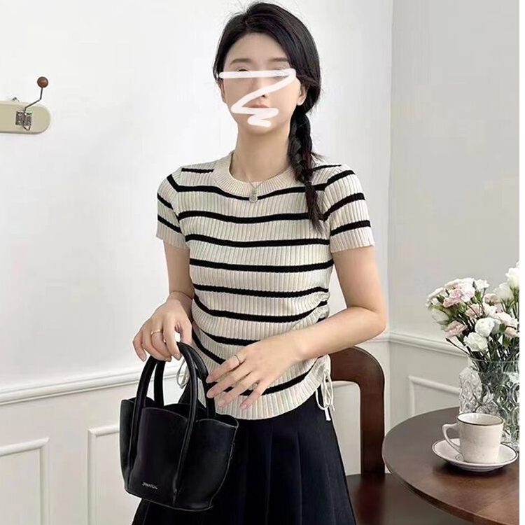 韩系设计感高腰抽绳短袖针织衫女夏季减龄修身短款小衫百搭上衣薄