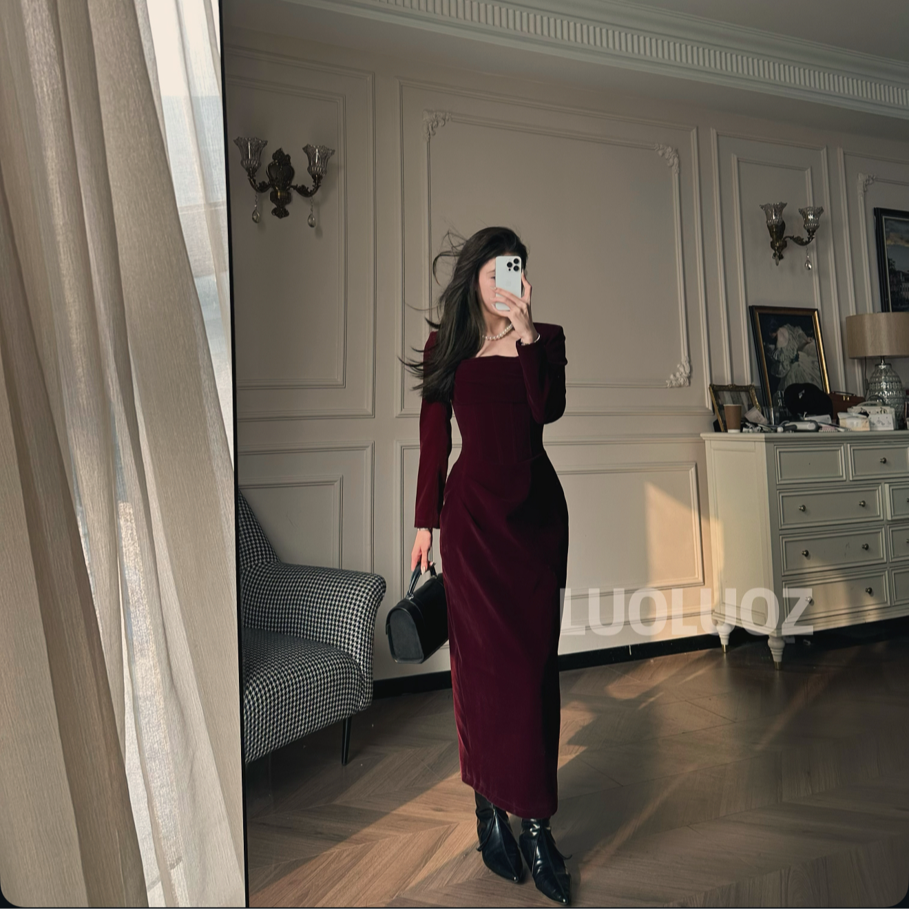 LUOLUOZ【热红酒】高级气质绝美色系收腰女神范长款连衣裙JF1135