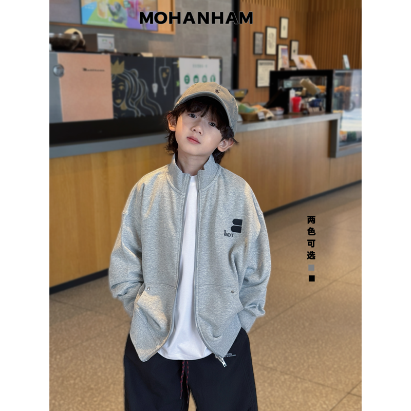 凯文家童装2025年秋季新款男童中大童韩版简约立领卫衣开衫外套