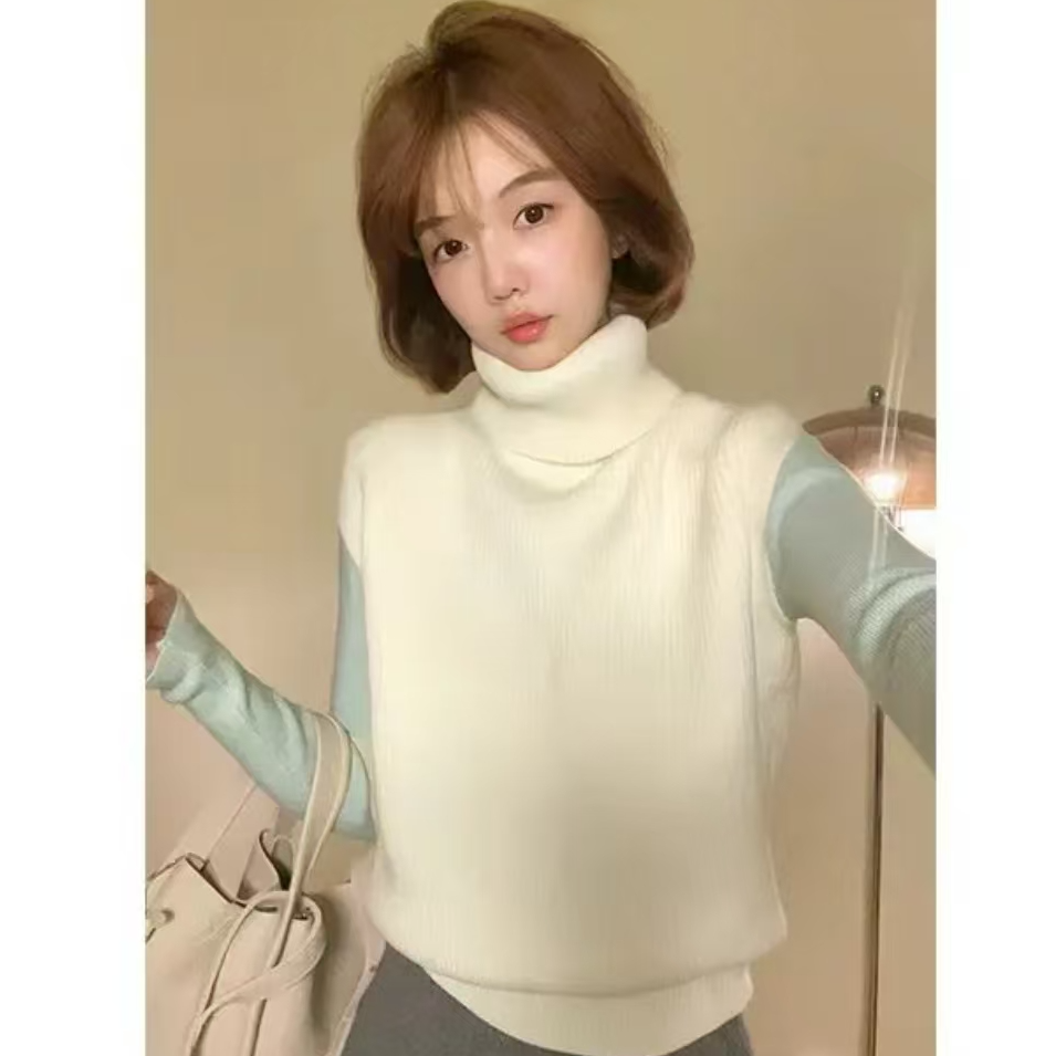 网红韩系穿搭高领套头毛衣马甲女装秋季时尚长袖针织衫上衣单马夹