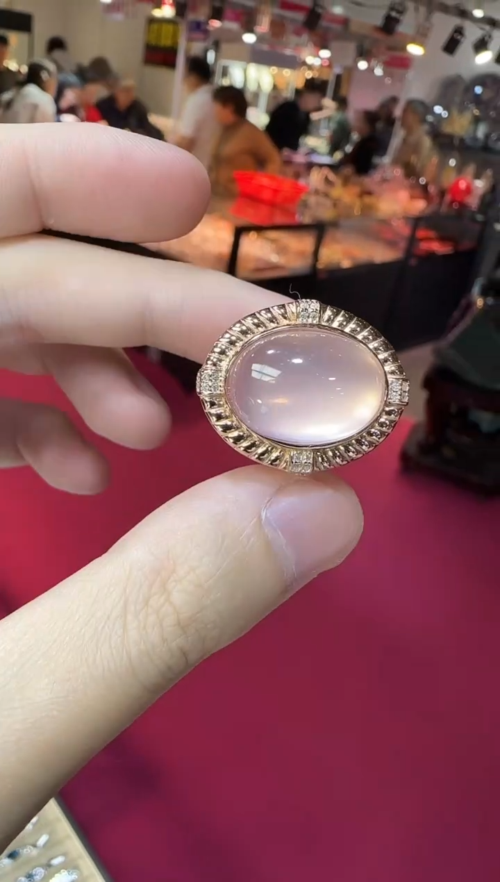 银S925镶嵌戒指芙蓉石13*18mm星光粉水晶