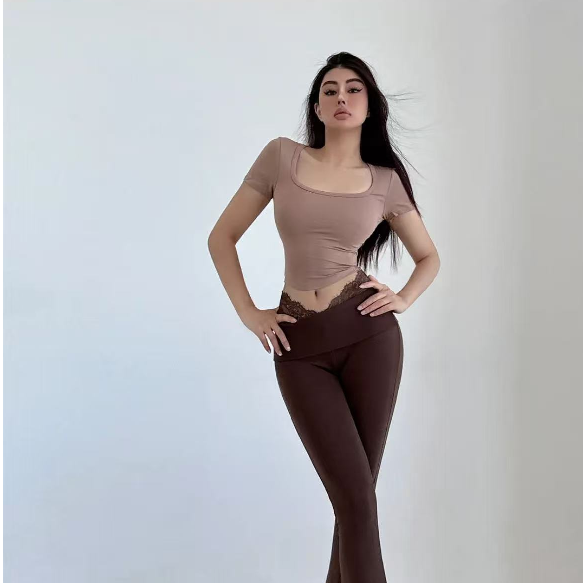 【主播同款女神裤】修身提臀 透气有曲线 带蕾丝边喇叭裤 气质显瘦