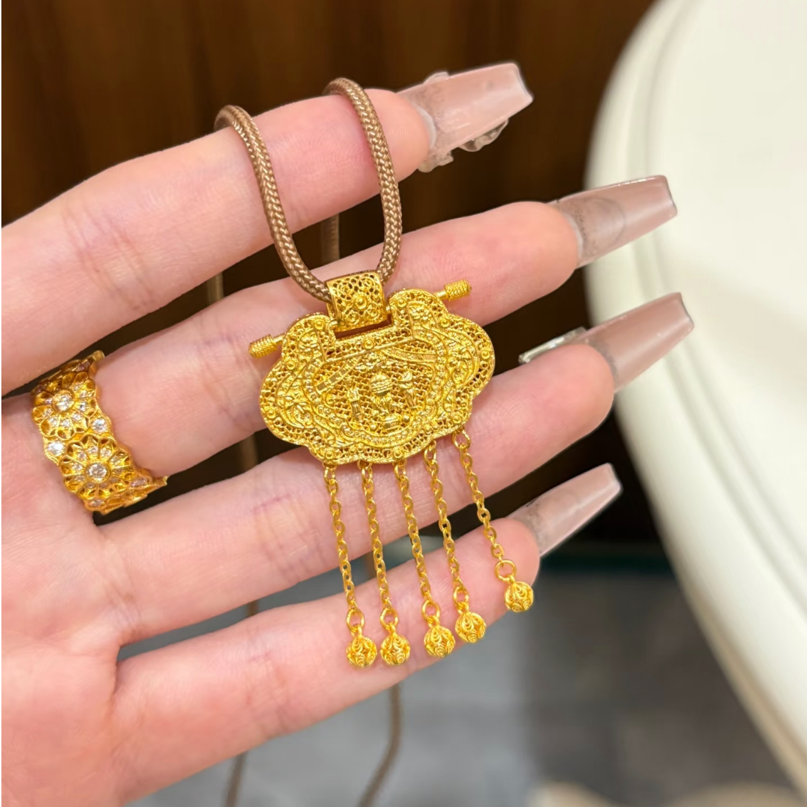 铜合金古法天子门生龙凤平安锁包流苏吊坠项链宫廷送女友礼
