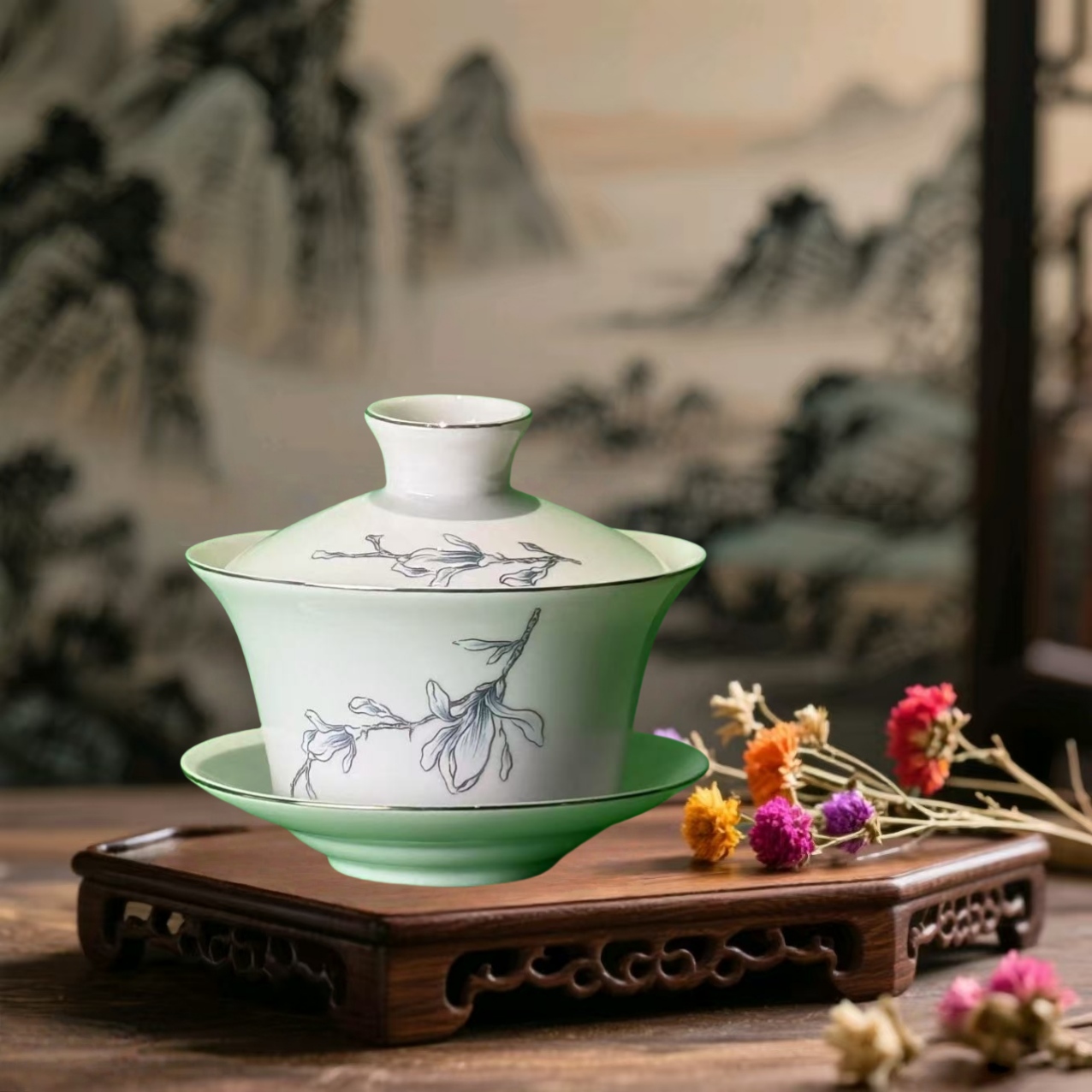 高档手工陶瓷薄胎不烫手三才盖碗茶盖碗白瓷茶具泡茶茶杯