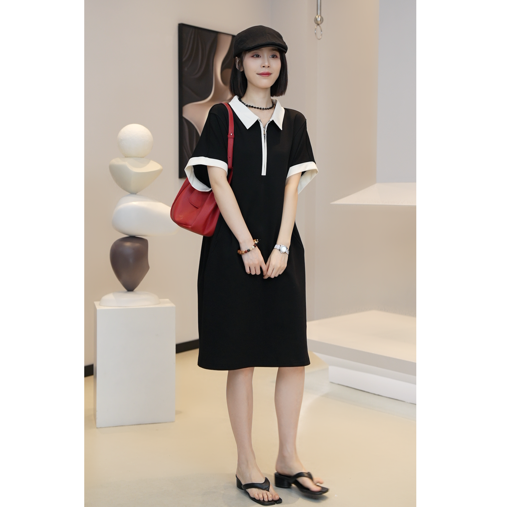 现6.25【薇薇绮】夏季新款法式气质黑色极简风撞色拼接连衣裙D856