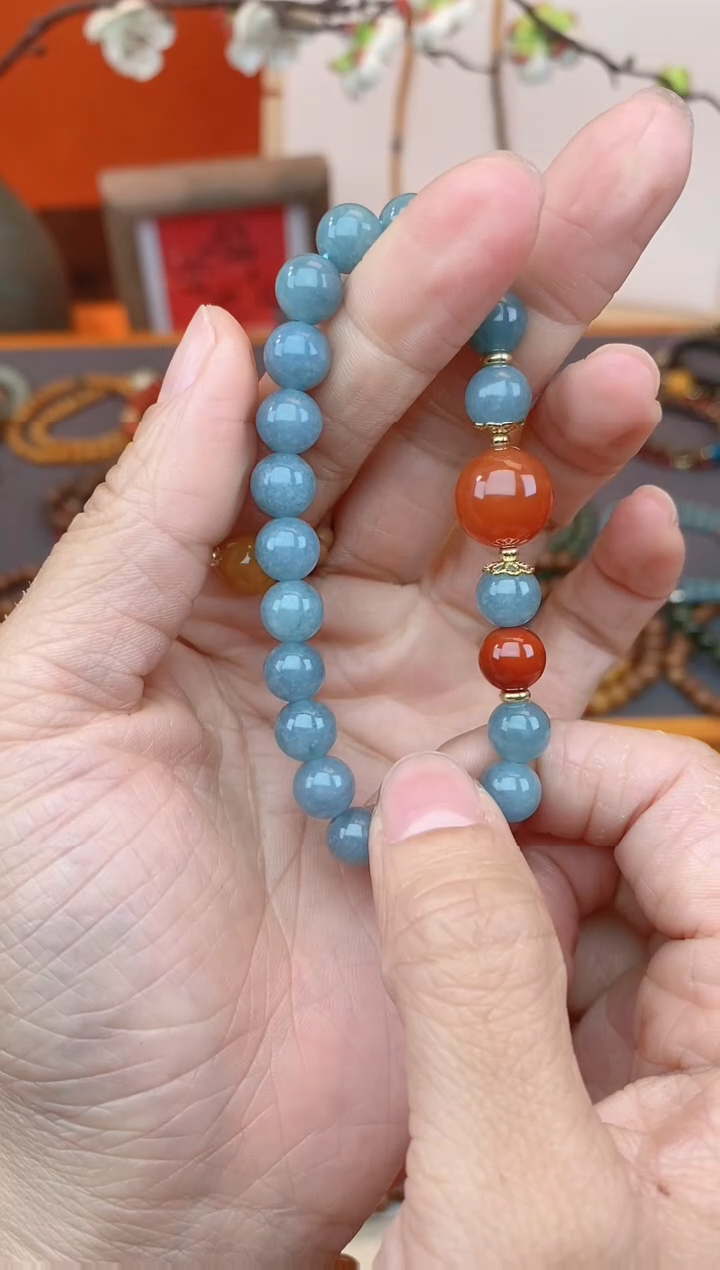 【闪购商品】翡翠手链未镶嵌08蓝水搭配南红单圈手串