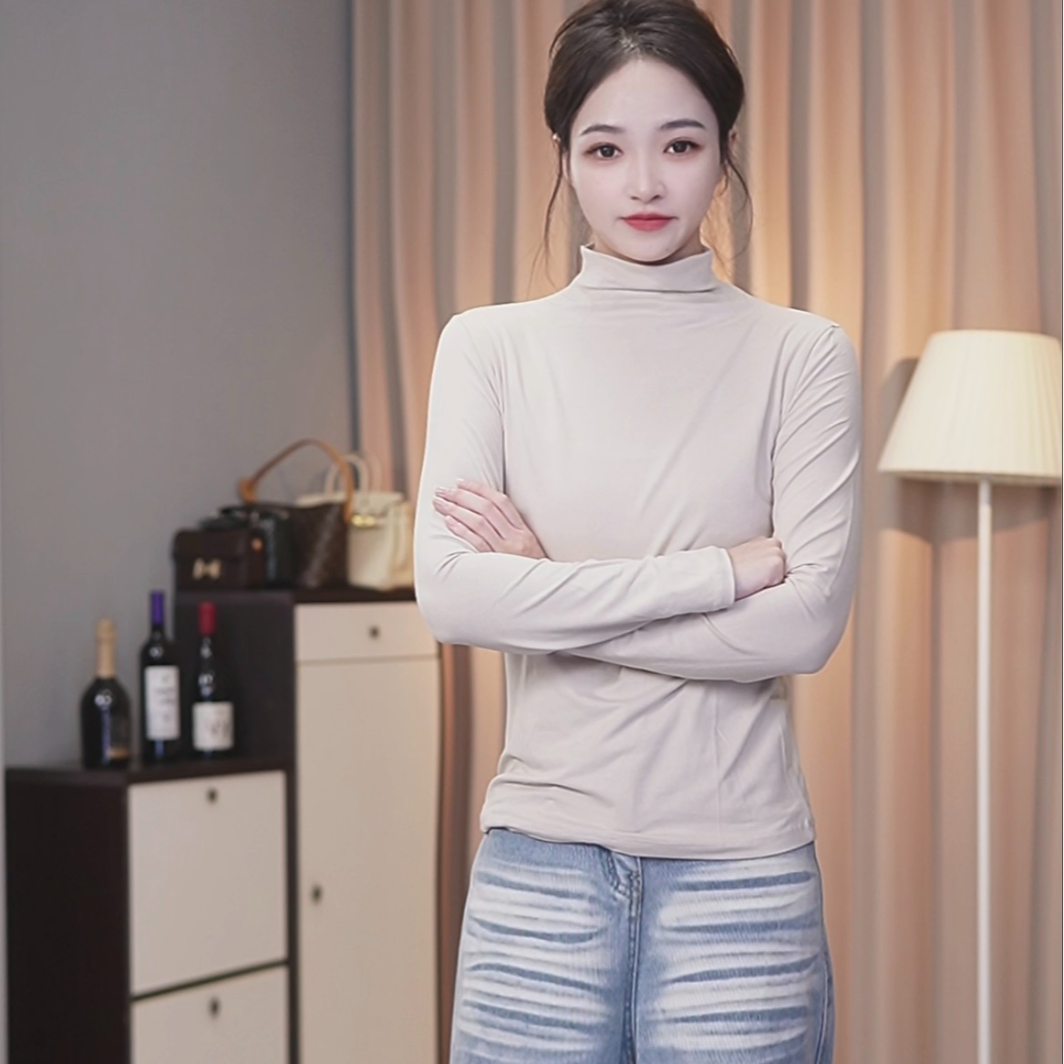 长袖法式极简女堆堆领半高领T恤秋冬纯色薄款打底衫