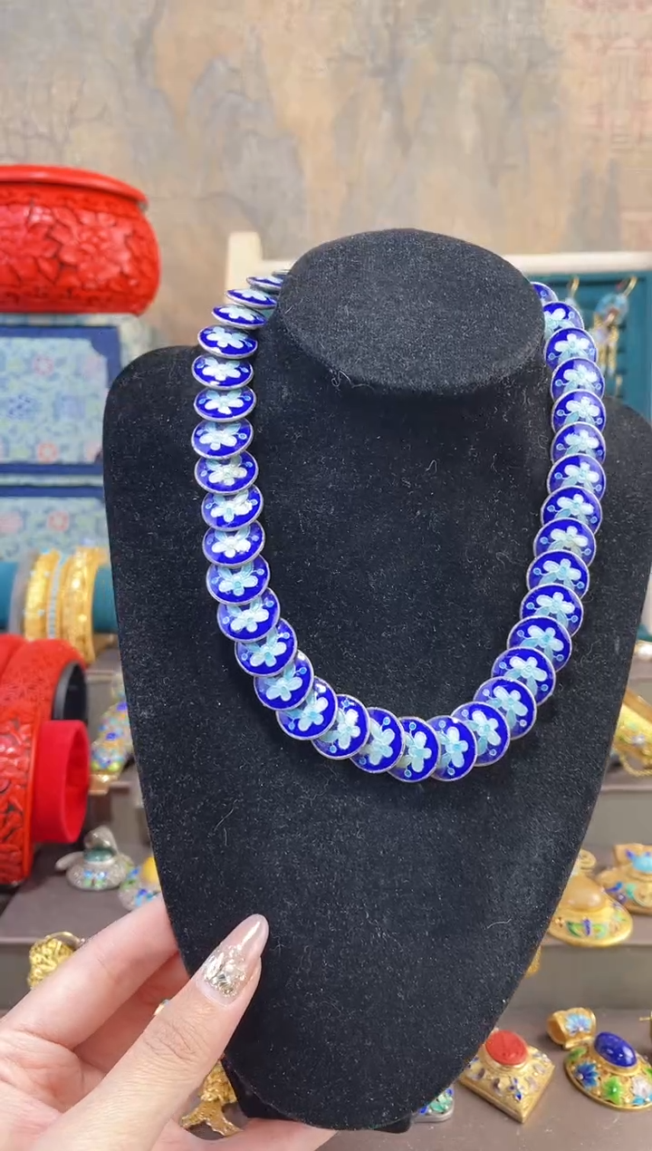 【闪购商品】非遗景泰蓝精品扁珠项链宝蓝蓝色