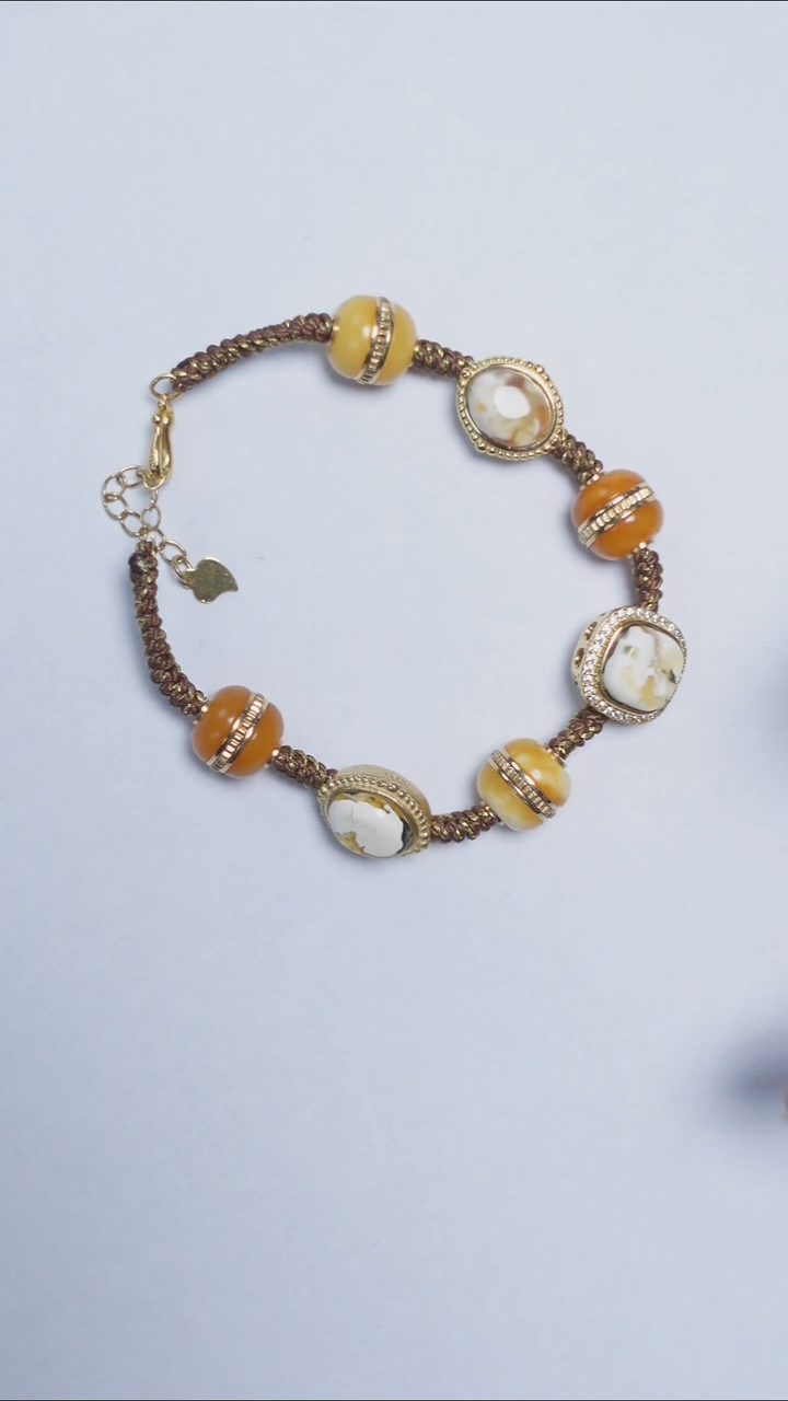 银S925镶嵌琥珀手链金白手链