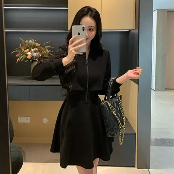 【小鑫】细腰陷阱 大码胖mm初冬新款设计感气质V领法式收腰小黑裙