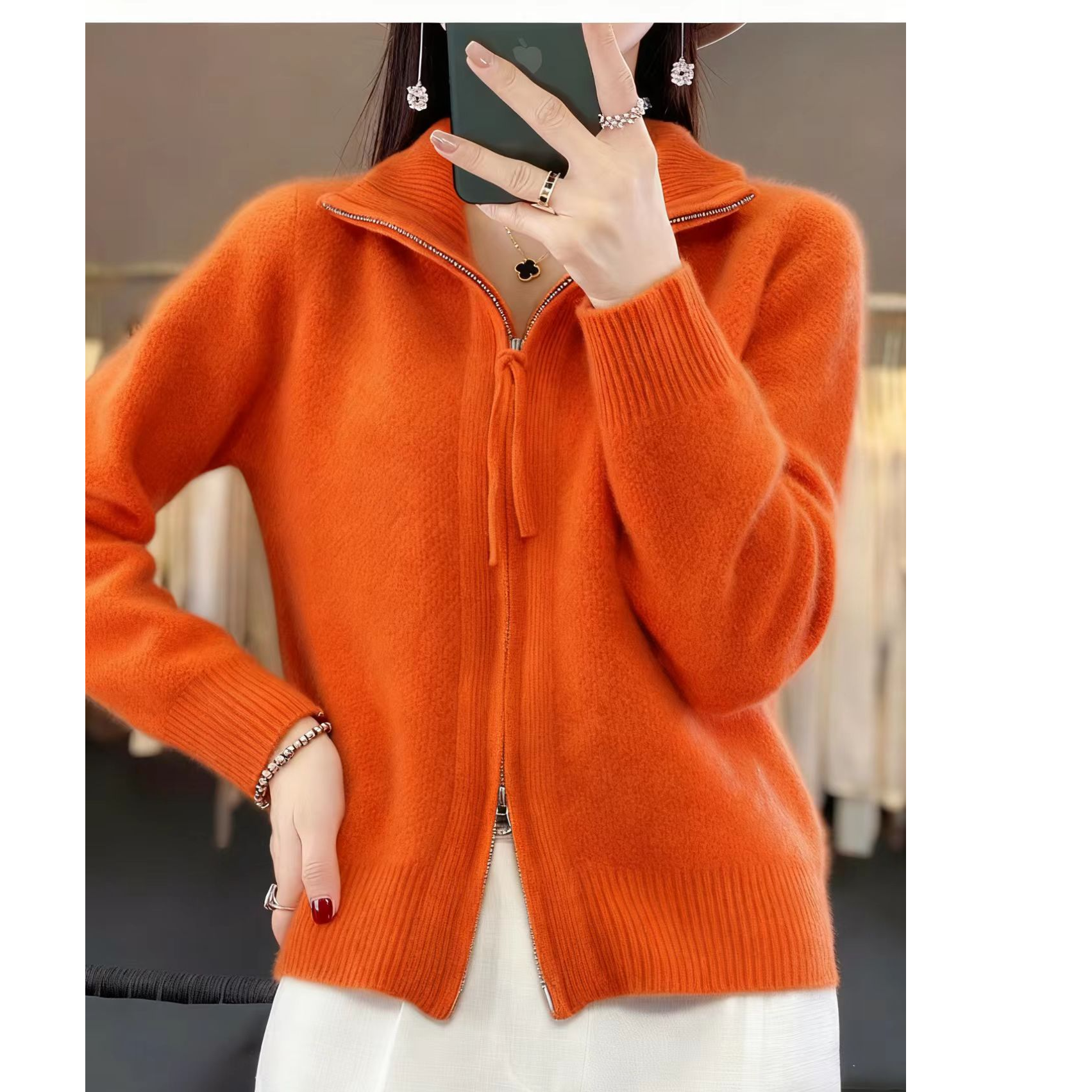 春天5店【高品质】羊毛开衫半高领双拉链外套秋冬款宽松百搭毛衣