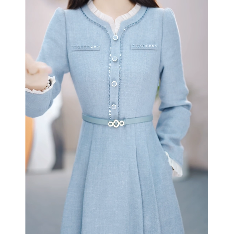 高级双面绒2025高腰常规纯色秋冬显瘦修身连衣裙气质裙子蓝色长袖