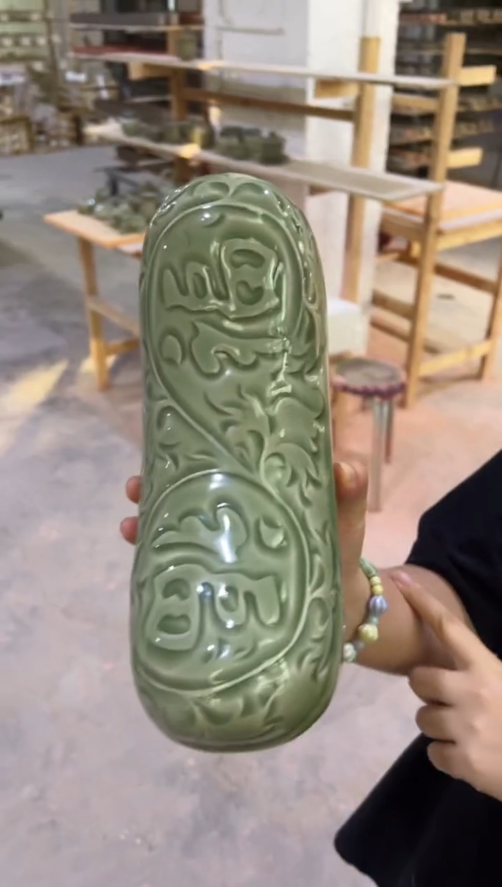 耀州窑青瓷大师手刻福字枕头