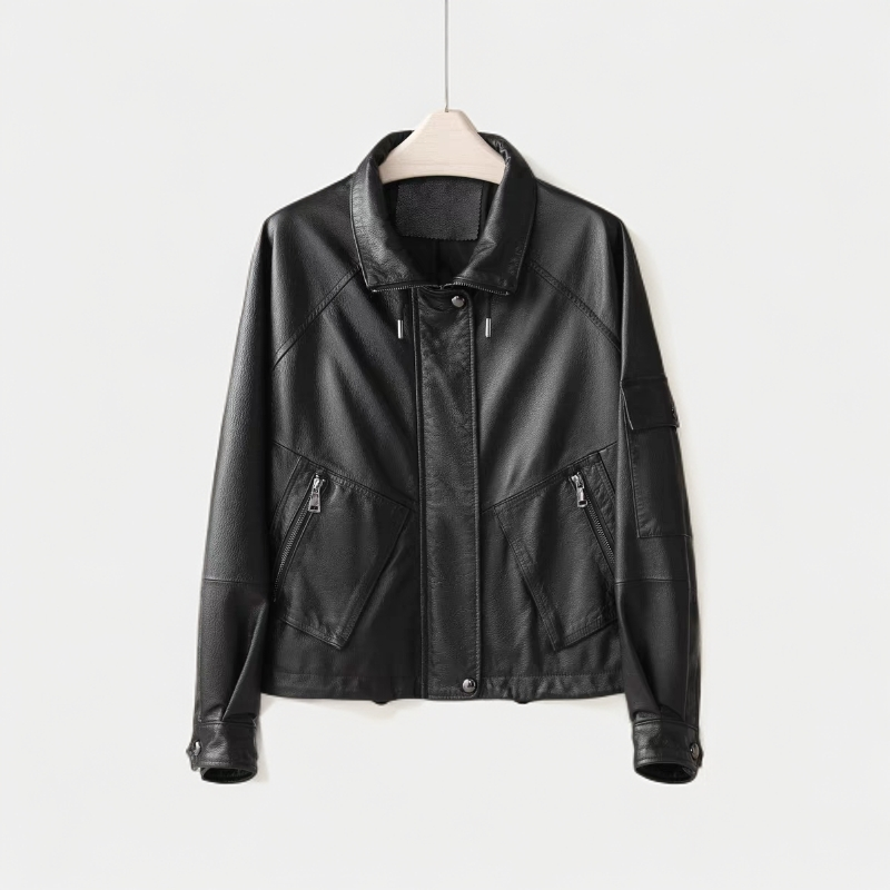 海宁真皮皮衣2025百搭休闲短款立领小牛皮真皮皮衣黑色女装外套