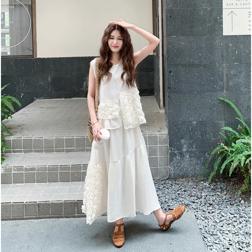 大方得体夏季ootd穿搭套装裙设计感立体花朵无袖背心半身裙两件套