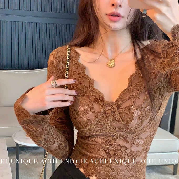 v领蕾丝带胸垫白色长袖打底衫女性感短款修身花边上衣