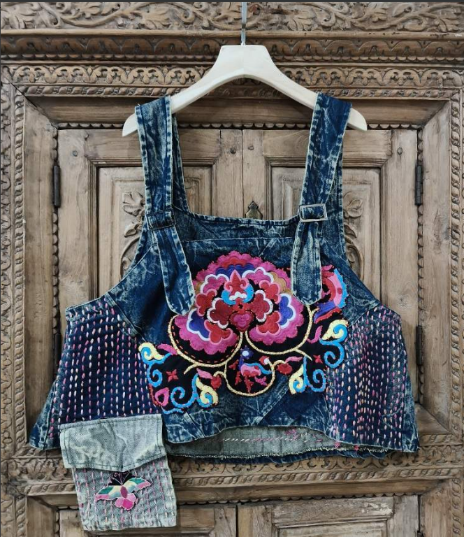 【初雪】牛仔吊带背心拼接复古时尚宽松百搭休闲25060