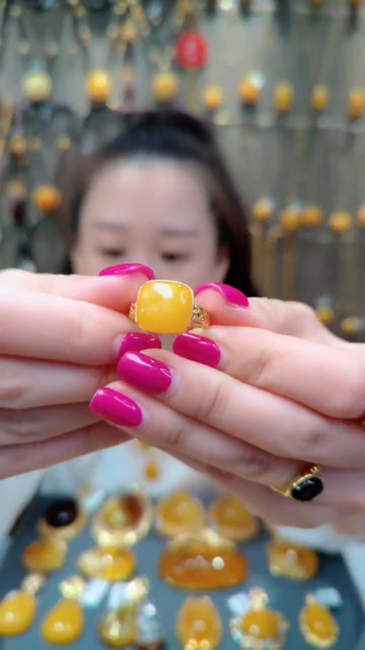 蜜蜡银S925镀金镶嵌戒指﹣B966蜜蜡戒指