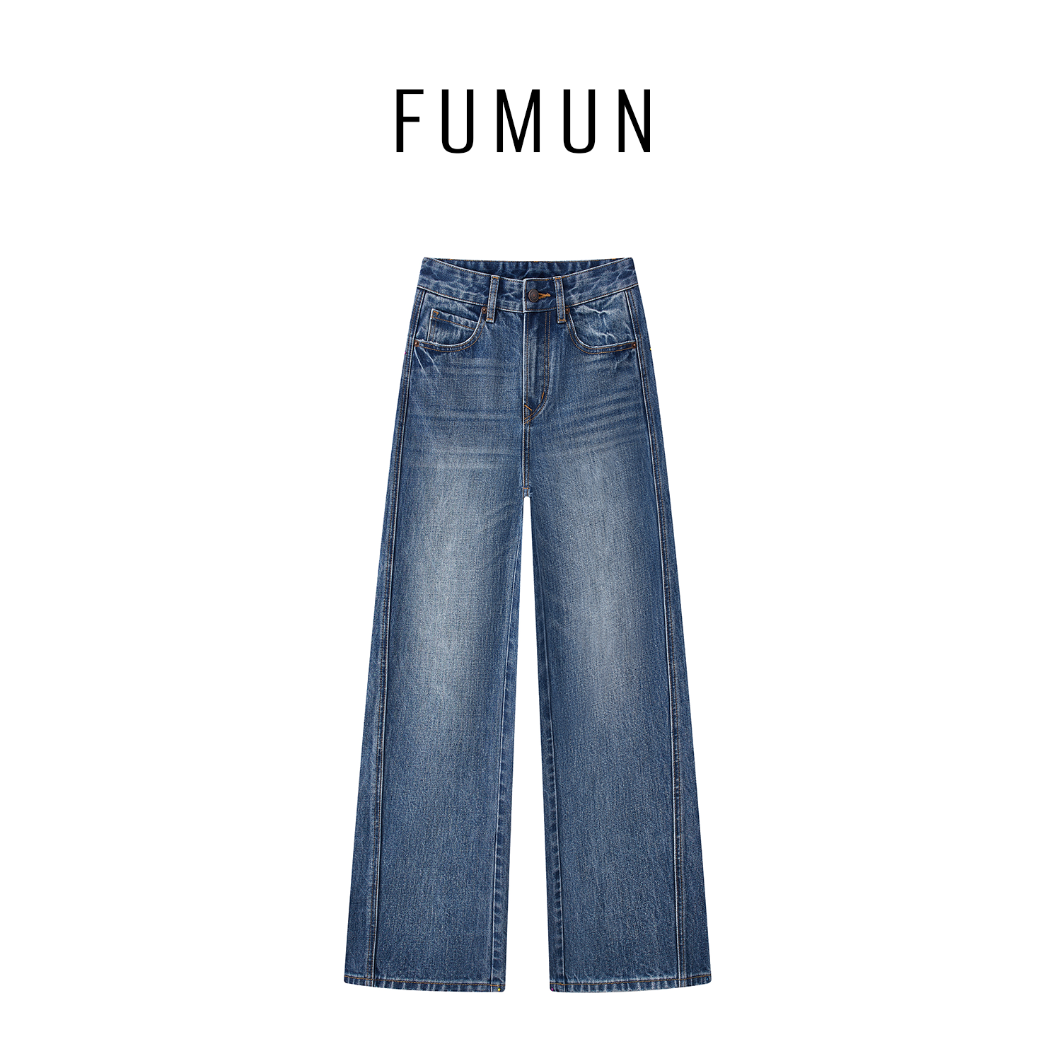 FUMUN【梧影】品牌设计师直筒加绒高腰阔腿裤高级水洗牛仔裤#F3866