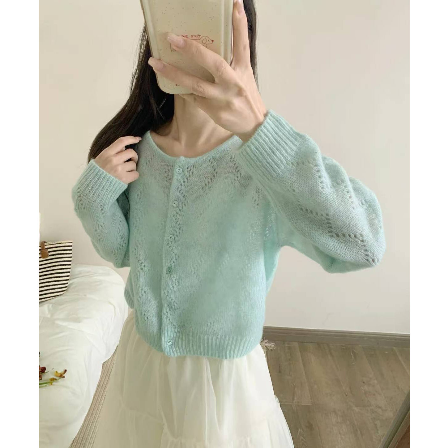 【海盐薄荷】波浪镂空薄款简约百搭气质早春针织开衫上衣1378