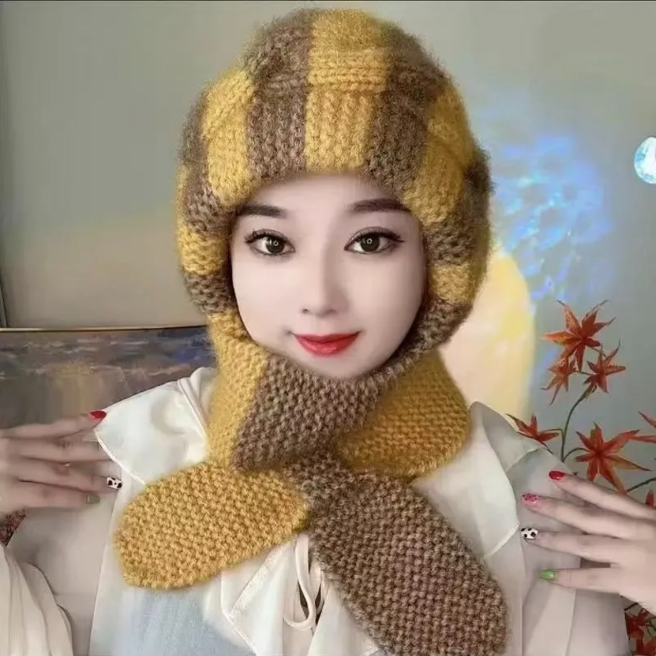 25年手工针织棋盘格围巾一体帽