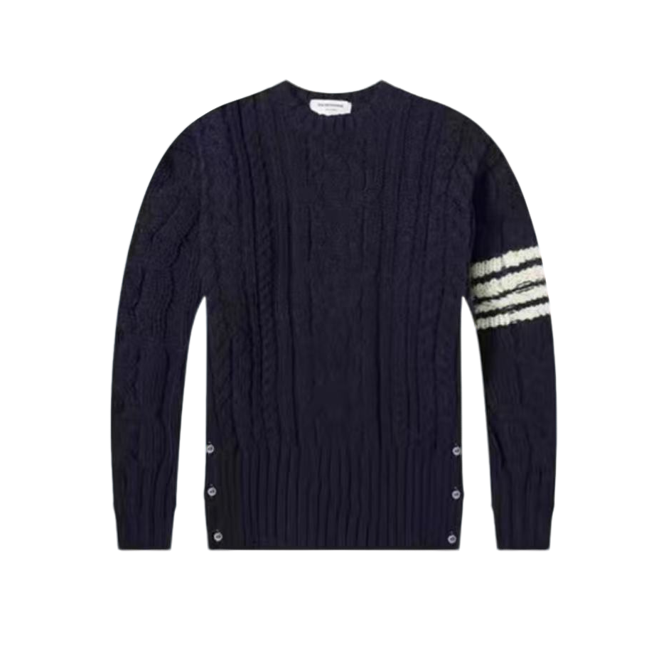 未使用 THOMBROWNE 深蓝色经典logo麻花竖纹毛衣