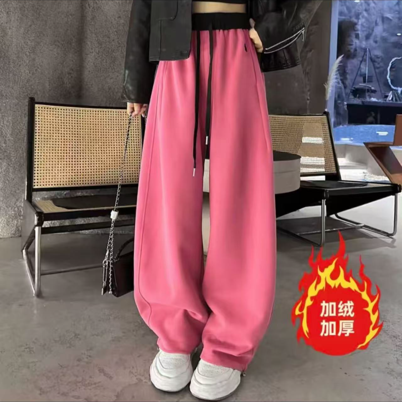 冬季加绒加厚新款刺绣小马拼色高腰束脚两穿阔腿裤女休闲卫裤