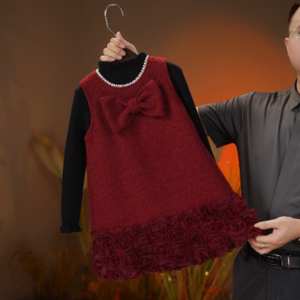 2025冬季新品女童加绒加厚玫瑰红裙子黑色打底衫两件套