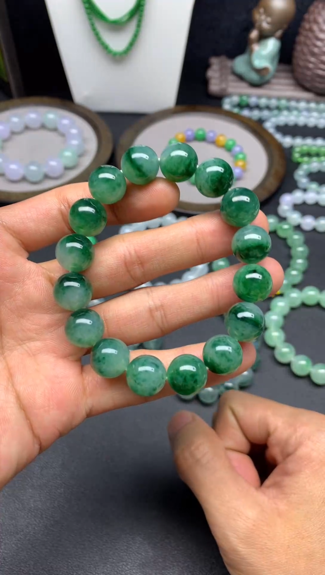 未镶嵌手链翡翠天然缅甸翡翠A货绿底飘绿花手串卡12.8mm