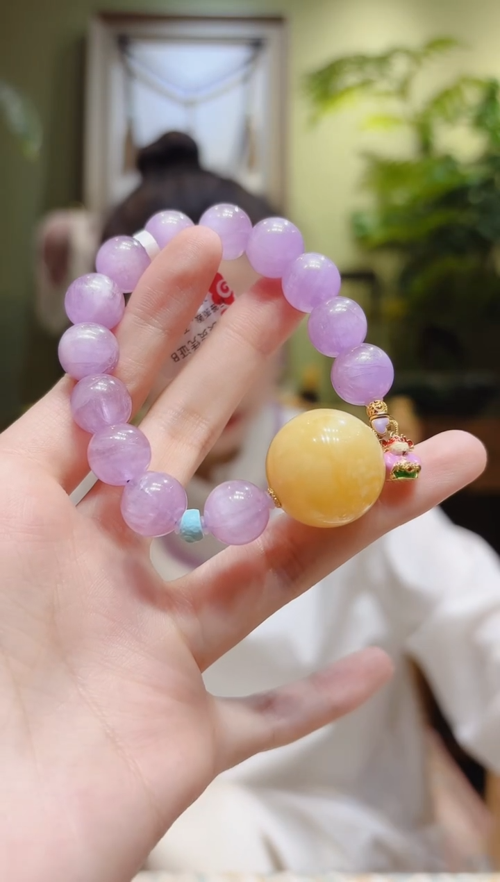 【闪购商品】锂辉石手串18K金镶嵌蜜蜡球顶珠粉财神紫锂辉手串
