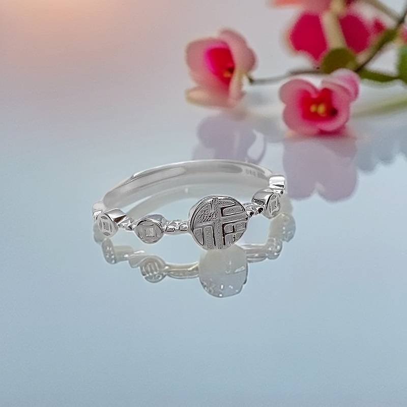 足银戒指 2025网红爆款福字钱币招财戒指高级感开口足银指环戒