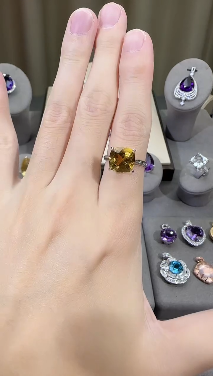 银S925镶嵌戒指黄晶11mm戒指