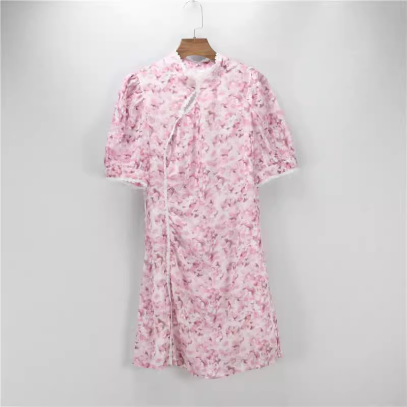 町家剪标国风连衣裙2022新款夏浪漫粉色高腰晕染连衣裙C5FAB2512