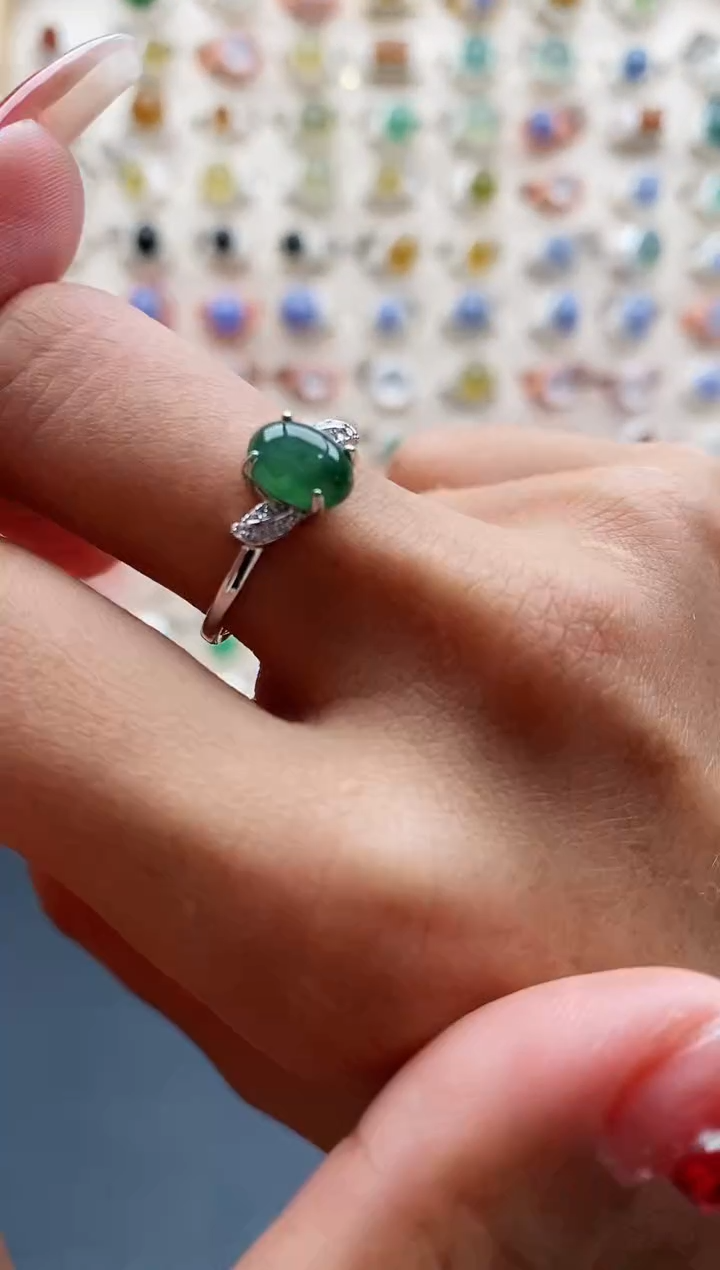 【闪购商品】翡翠戒指银S925镶嵌缅甸天然A货翡翠111 8+5