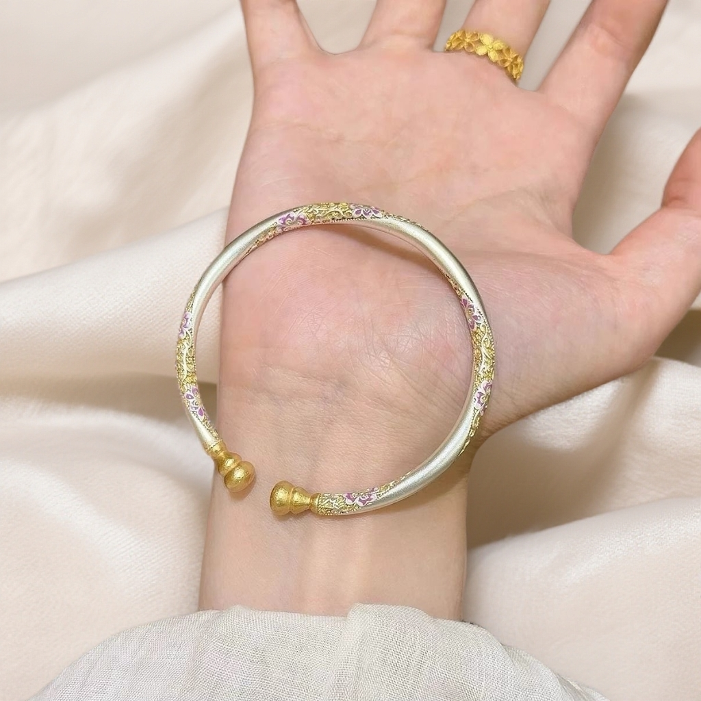 999.9紫色桔梗花葫芦头开口手镯