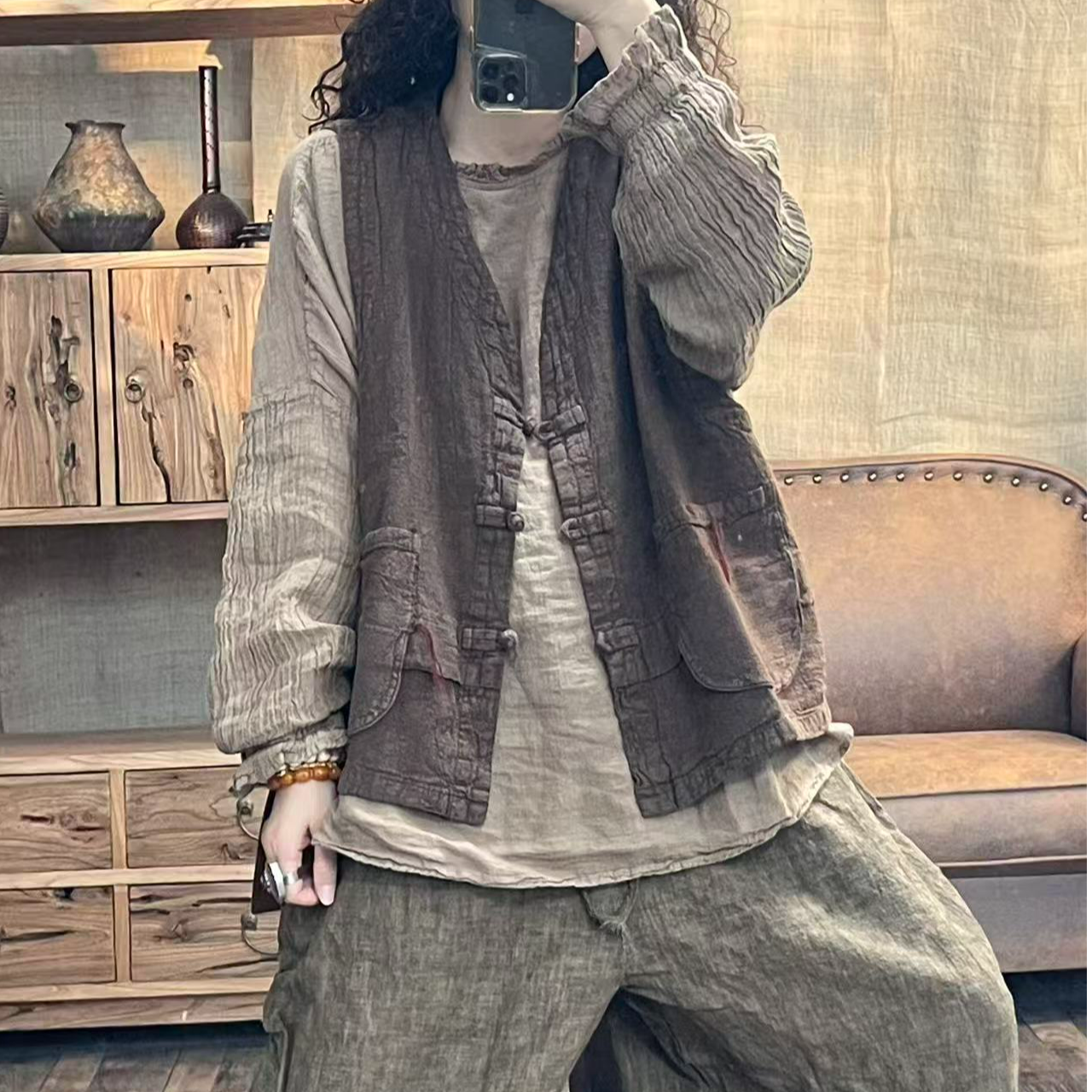 F7103秋季亚麻双层炒色做旧明线盘扣休闲马夹(长60胸围126)