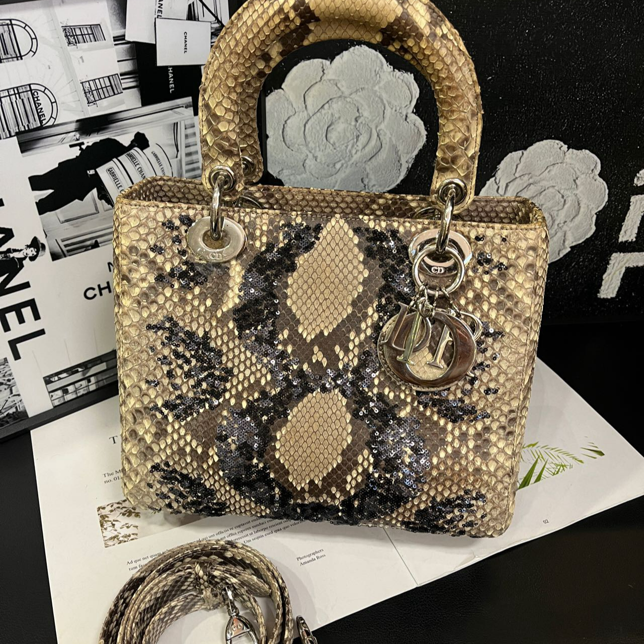 95新 DIOR/迪奥 限量版蛇皮亮片戴妃手提包16年B1634