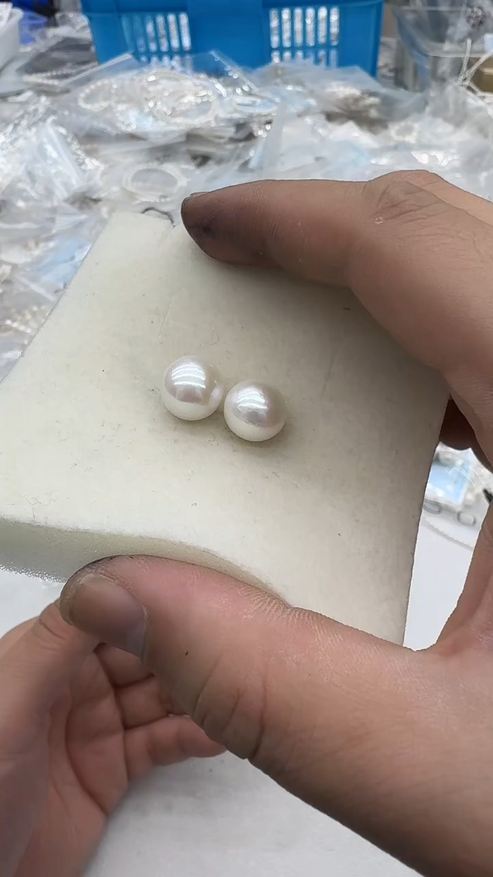 银S925镶嵌耳钉淡水珍珠12-13mm 素钉
