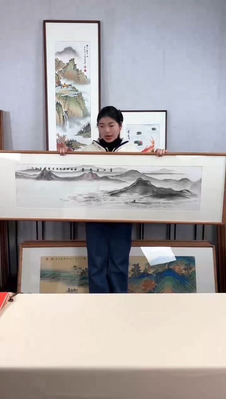 【闪购商品】国画手绘*春江渔趣*52*172cm实木框