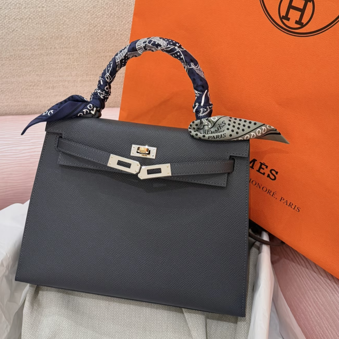 99新 Hermes/爱马仕 小花Jerry Kelly 25 朦胧灰 Ep皮 W刻 手提包