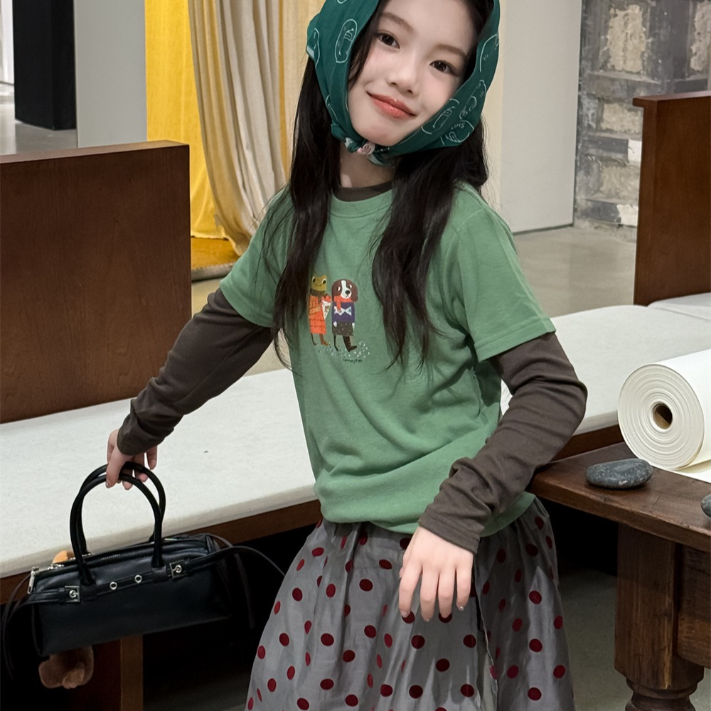 2025秋款女童中大童卡通两件套叠穿长袖棉T恤波点牛仔裙裤子套装