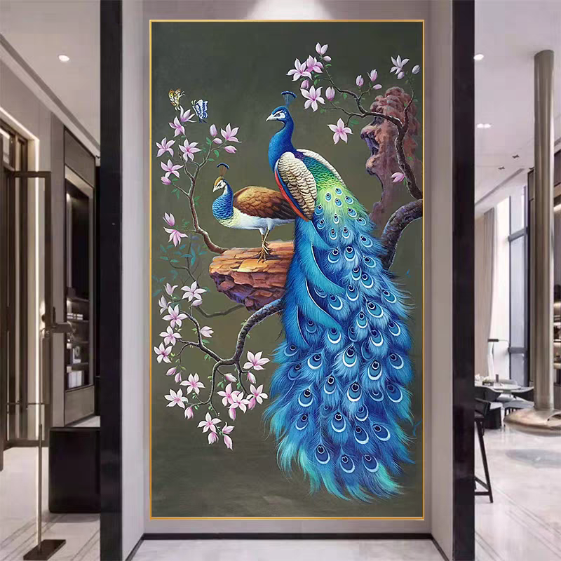 纯手工绣好的十字绣成品不带裱框孔雀呈祥竖版玄关过道经典挂画