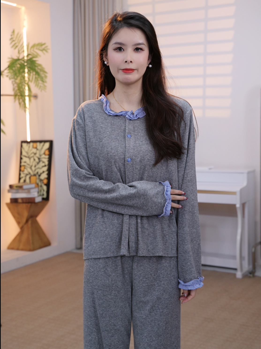 2025春款女士款舒适时尚纯棉睡衣可外穿长袖家居服薄款YR