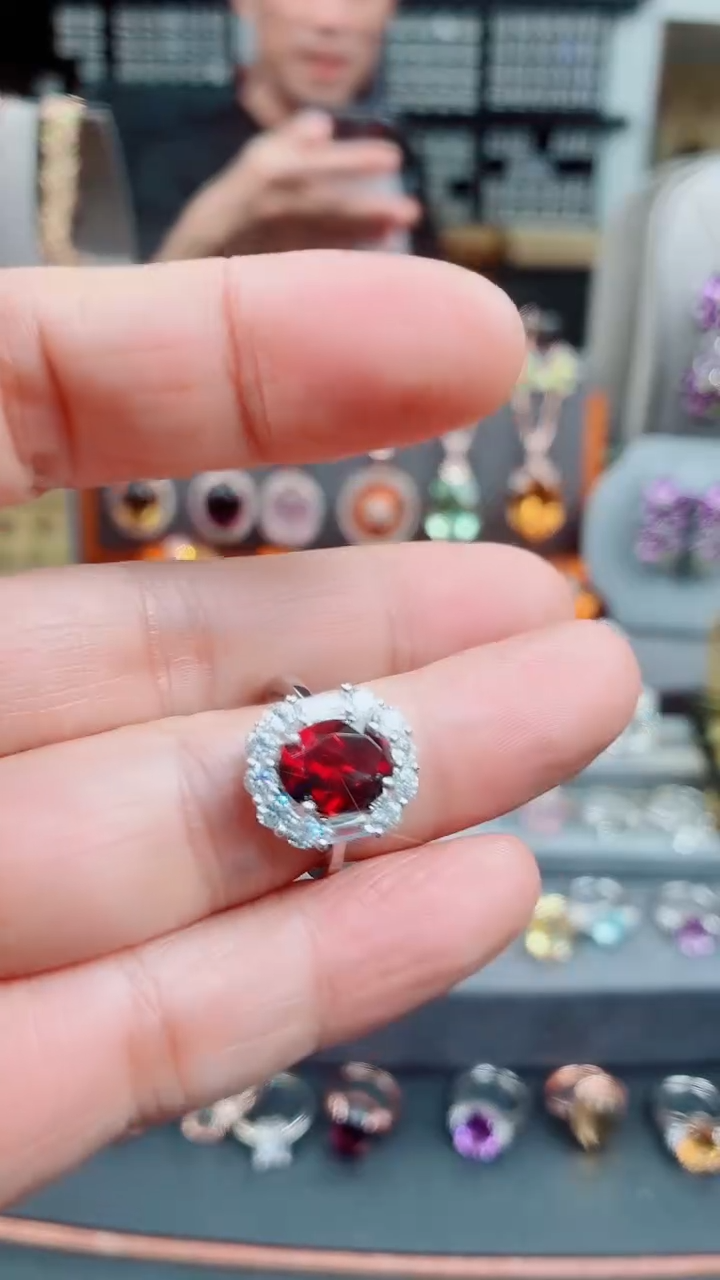 银S925镶嵌戒指石榴石晴*石榴石戒指12#