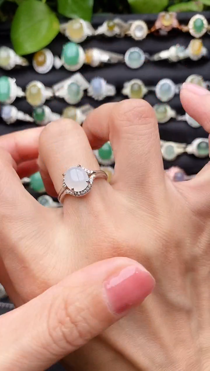 【闪购商品】翡翠戒指银S925镶嵌缅甸天然A货翡翠66  2-9